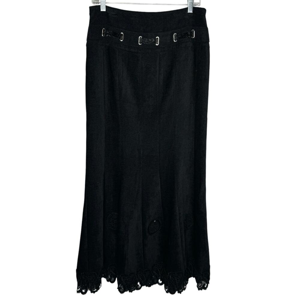 M.MANFEI / vintage black faux suede lace trim western maxi skirt / L